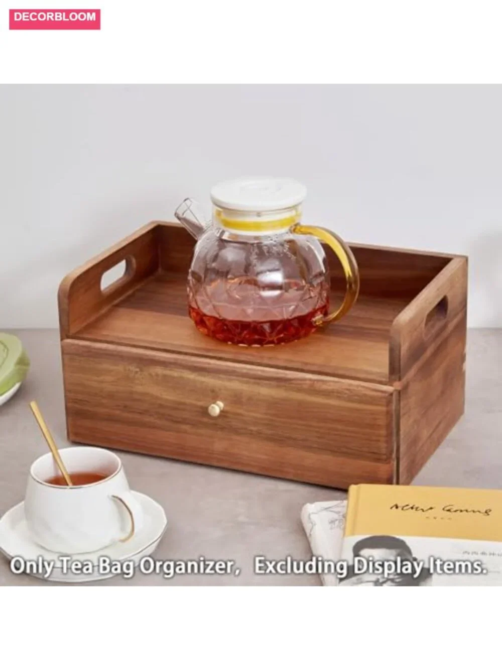 Acacia Wood Tea Bag Organizer with Drawer - 8 Compartments Storage Box